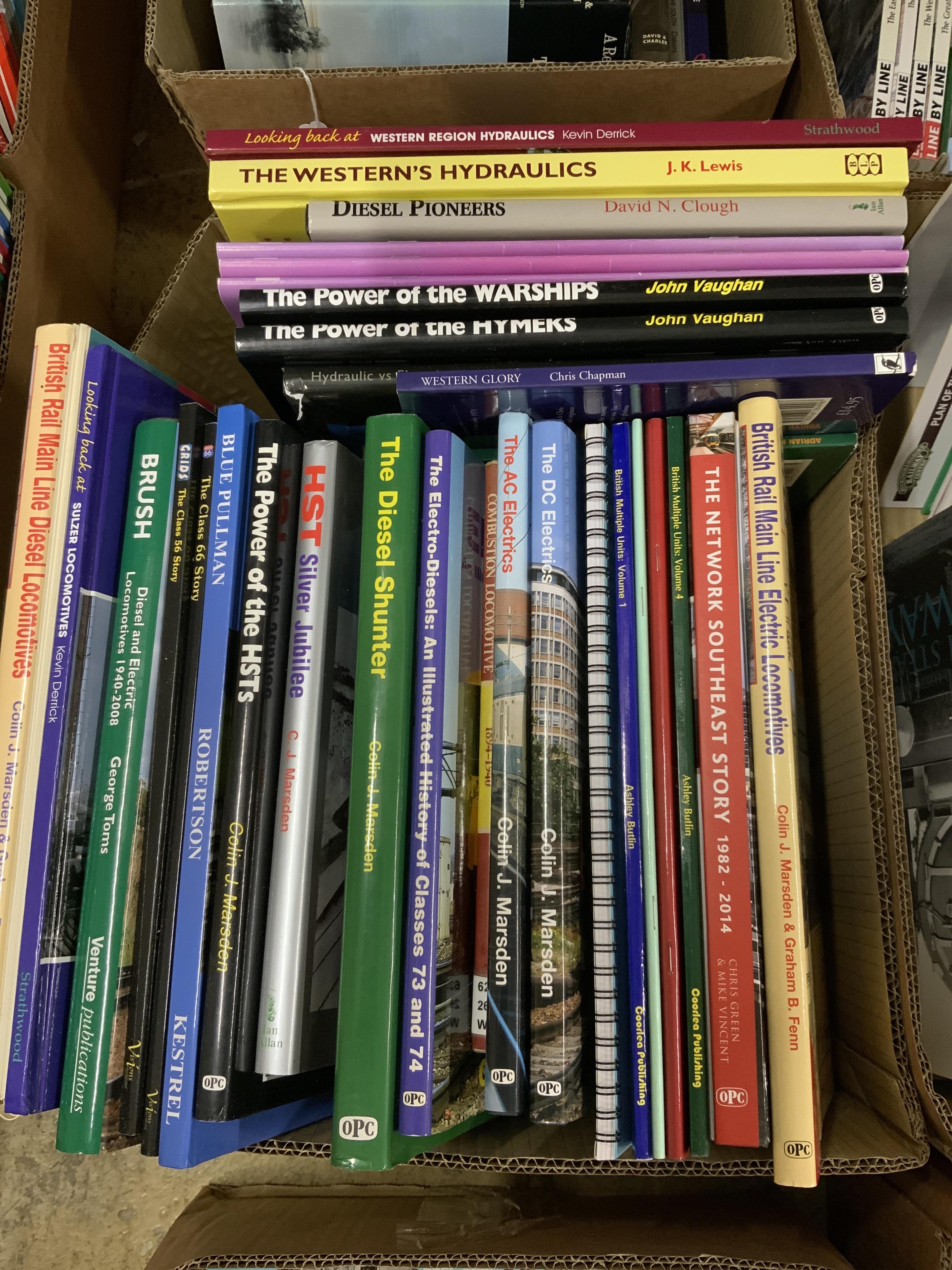 Eight boxes of railway related books, subjects include; Scottish steam, diesel locomotives, electric locomotives, Great Western Railway locomotives, Union Pacific locomotives, Bradshaw’s guides, etc. publishers include;